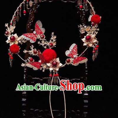 Chinese Ancient Bride Prop Red Butterfly Palace Fans Traditional Wedding Xiu He Accessories Round Fan for Women