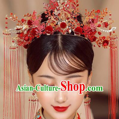 Chinese Ancient Bride Red Plum Phoenix Coronet Tassel Hairpins Traditional Wedding Xiu He Hair Accessories Complete Set for Women