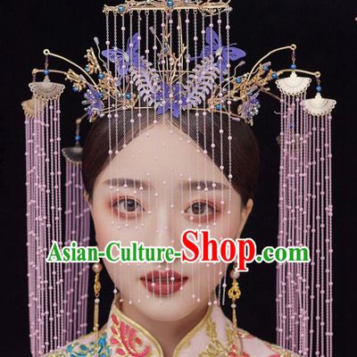 Chinese Ancient Bride Purple Butterfly Phoenix Coronet Tassel Hairpins Traditional Wedding Xiu He Hair Accessories Complete Set for Women