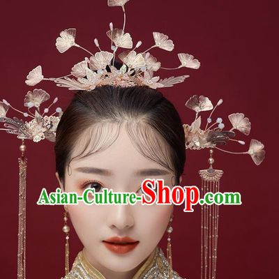 Chinese Ancient Bride Ginkgo Leaf Hair Crown Tassel Hairpins Traditional Wedding Xiu He Hair Accessories Complete Set for Women