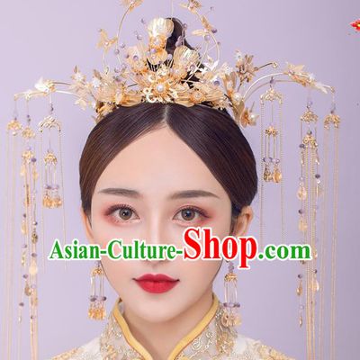 Chinese Ancient Bride Tassel Hairpins Golden Butterfly Phoenix Coronet Traditional Wedding Xiu He Hair Accessories Complete Set for Women