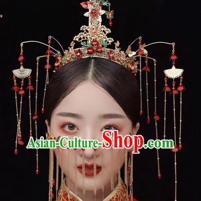 Chinese Ancient Bride Pine Phoenix Coronet Tassel Hairpins Traditional Wedding Xiu He Hair Accessories Complete Set for Women
