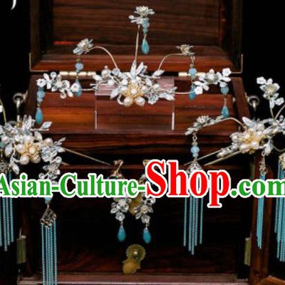 Chinese Ancient Bride Blue Tassel Hairpins Traditional Wedding Xiu He Hair Accessories Complete Set for Women