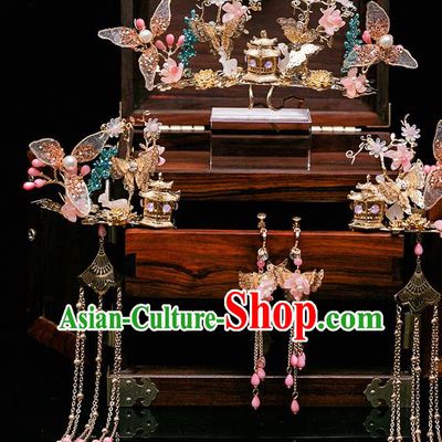 Chinese Ancient Bride Pink Flower Hair Crown Tassel Hairpins Traditional Wedding Xiu He Hair Accessories Complete Set for Women