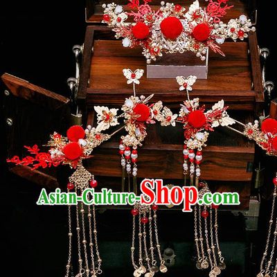 Chinese Ancient Bride Red Venonat Hair Crown Tassel Hairpins Traditional Wedding Xiu He Hair Accessories Complete Set for Women