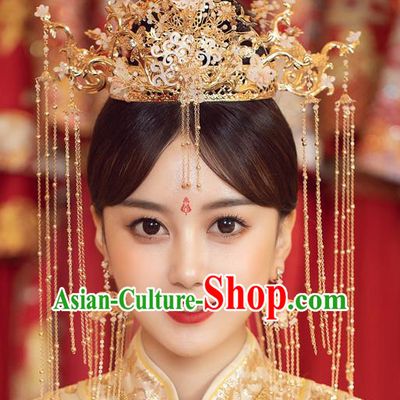 Chinese Ancient Bride Shell Phoenix Coronet Tassel Hairpins Traditional Wedding Xiu He Hair Accessories Complete Set for Women