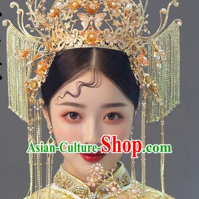 Chinese Ancient Bride Golden Flowers Phoenix Coronet Tassel Hairpins Traditional Wedding Xiu He Hair Accessories Complete Set for Women