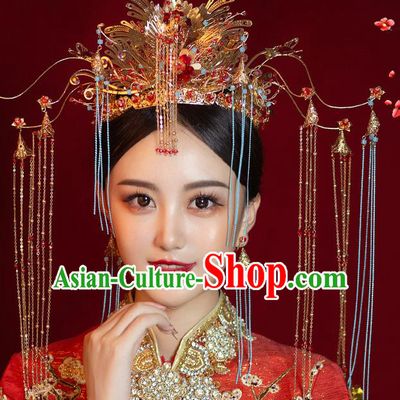 Chinese Ancient Bride Luxury Phoenix Coronet Tassel Hairpins Traditional Wedding Xiu He Hair Accessories Complete Set for Women