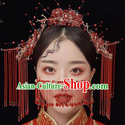 Chinese Ancient Bride Red Silk Hair Comb Tassel Hairpins Traditional Wedding Xiu He Hair Accessories Complete Set for Women