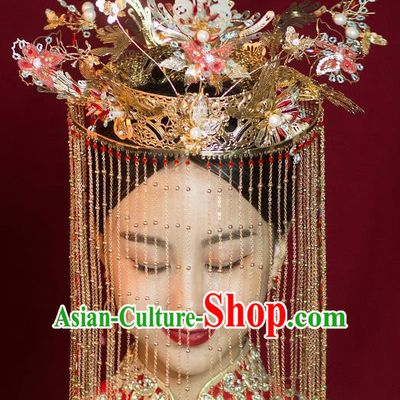 Chinese Ancient Bride Jade Phoenix Coronet Tassel Hairpins Traditional Wedding Xiu He Hair Accessories Complete Set for Women