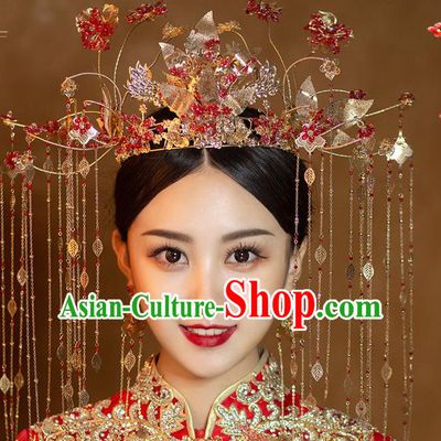 Chinese Ancient Bride Red Beads Phoenix Coronet Tassel Hairpins Traditional Wedding Xiu He Hair Accessories Complete Set for Women
