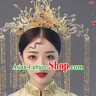 Chinese Ancient Bride Blue Crystal Phoenix Coronet Tassel Hairpins Traditional Wedding Xiu He Hair Accessories Complete Set for Women