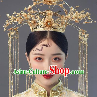 Chinese Ancient Bride Golden Beads Phoenix Coronet Tassel Hairpins Traditional Wedding Xiu He Hair Accessories Complete Set for Women