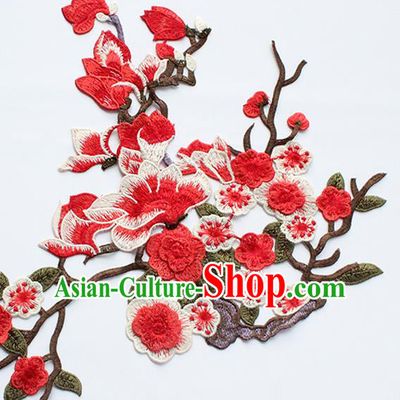 Traditional Chinese National Embroidery Red Plum Mangnolia Applique Embroidered Patches Embroidering Cloth Accessories