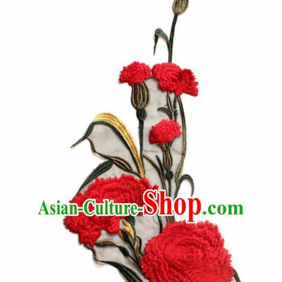 Traditional Chinese National Embroidery Red Carnation Applique Embroidered Patches Embroidering Cloth Accessories