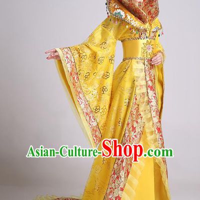 Chinese Ancient Tang Dynasty Imperial Consort Yellow Trailing Dress Traditional Hanfu Goddess Classical Dance Costumes for Women