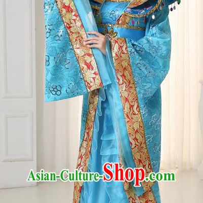 Chinese Ancient Tang Dynasty Imperial Consort Blue Trailing Dress Traditional Hanfu Goddess Classical Dance Costumes for Women