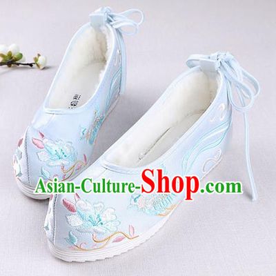 Chinese Handmade Opera Embroidered Phoenix Flower Blue Shoes Traditional Hanfu Shoes National Shoes for Women