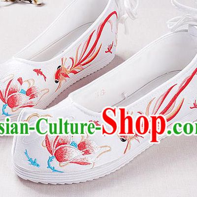 Chinese Handmade Opera Embroidered Lotus Red Goldfish Bow Shoes Traditional Hanfu Shoes National Shoes for Women