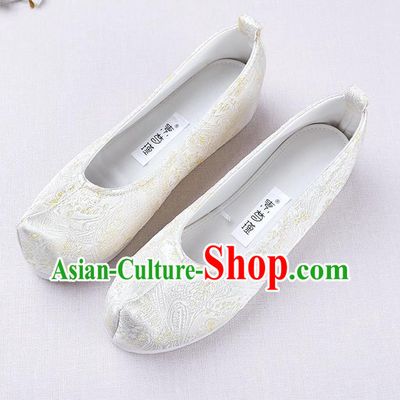 Chinese Handmade Opera Embroidered White Brocade Bow Shoes Traditional Hanfu Shoes National Shoes for Women