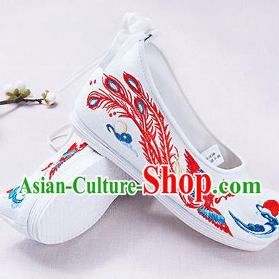 Chinese Handmade Embroidered Phoenix White Opera Shoes Traditional Hanfu Shoes National Shoes for Women