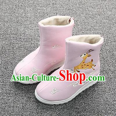 Chinese Handmade Winter Embroidered Deer Pink Boots Traditional Hanfu Shoes National Shoes for Kids