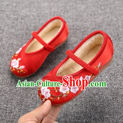 Chinese Handmade Embroidered Red Satin Shoes Traditional Hanfu Shoes National Shoes for Kids