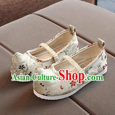 Chinese Handmade White Brocade Shoes Traditional Hanfu Shoes National Shoes for Kids
