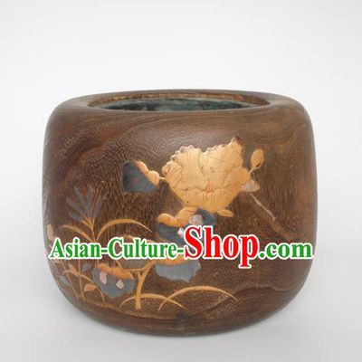 Chinese Handmade Wood Carving Earthen Bowl Traditional Paulownia Craft
