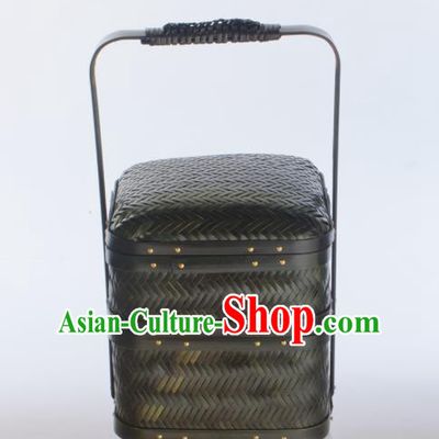 Chinese Handmade Bamboo Weaving Black Basket Traditional Food Box