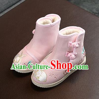 Chinese Handmade Winter Embroidered Pink Boots Traditional Hanfu Shoes National Shoes for Kids