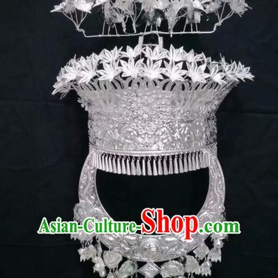 Chinese Traditional Handmade Miao Nationality Phoenix Coronet and Necklace Ethnic Wedding Hair Accessories for Women