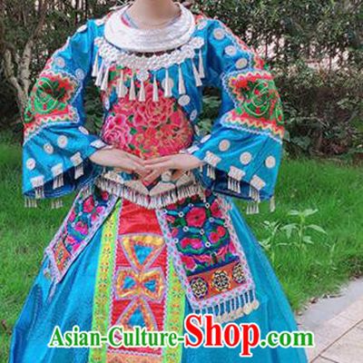 Chinese Traditional Miao Nationality Embroidered Blue Costume Ethnic Folk Dance Dress for Women