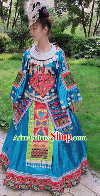 Chinese Traditional Miao Nationality Embroidered Blue Costume Ethnic Folk Dance Dress for Women Chinese Traditional Miao Nationality Embroidered Blue Costume Ethnic Folk Dance Dress for Women