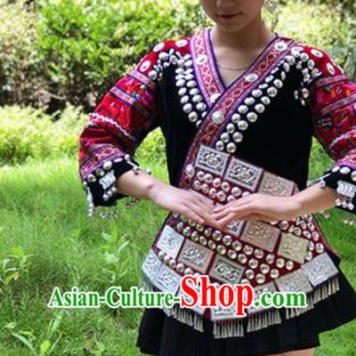 Chinese Traditional Miao Nationality Embroidered Costume Ethnic Folk Dance Black Short Dress for Women