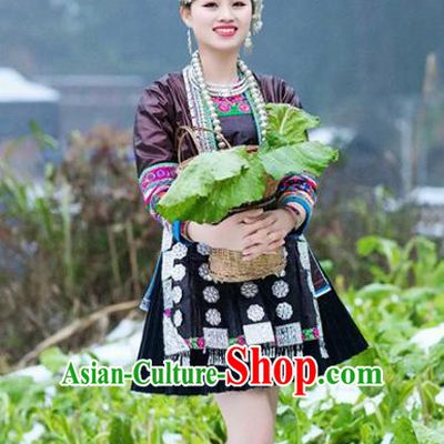 Chinese Traditional Miao Nationality Embroidered Costume Ethnic Folk Dance Brown Dress for Women