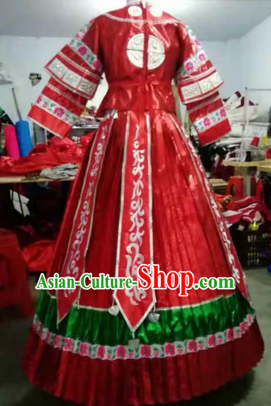 Chinese Traditional Miao Nationality Embroidered Costume Ethnic Folk Dance Red Dress for Women Chinese Traditional Miao Nationality Embroidered Costume Ethnic Folk Dance Red Dress for Women