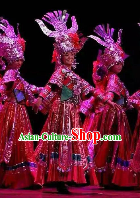 Chinese Traditional Miao Nationality Embroidered Costume Ethnic Folk Dance Red Dress for Women Chinese Traditional Miao Nationality Embroidered Costume Ethnic Folk Dance Red Dress for Women