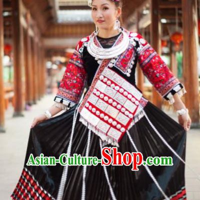 Chinese Traditional Miao Nationality Embroidered Costume Ethnic Folk Dance Black Dress for Women