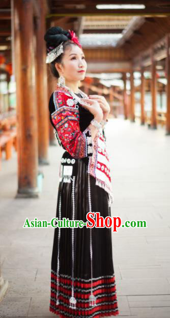 Chinese Traditional Miao Nationality Embroidered Costume Ethnic Folk Dance Black Dress for Women Chinese Traditional Miao Nationality Embroidered Costume Ethnic Folk Dance Black Dress for Women