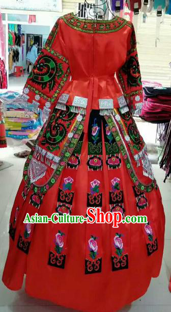 Chinese Traditional Miao Nationality Embroidered Red Dress Ethnic Folk Dance Costume for Women Chinese Traditional Miao Nationality Embroidered Red Dress Ethnic Folk Dance Costume for Women
