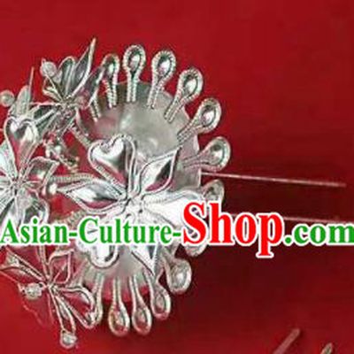 Chinese Traditional Handmade Miao Nationality Silver Flower Hairpins Ethnic Wedding Hair Accessories for Women
