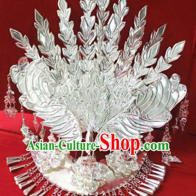 Chinese Traditional Handmade Miao Nationality Silver Phoenix Coronet Hairpins Ethnic Wedding Hair Accessories for Women
