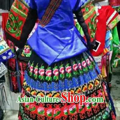 Chinese Traditional Miao Nationality Embroidered Royalblue Dress Ethnic Folk Dance Costume for Women