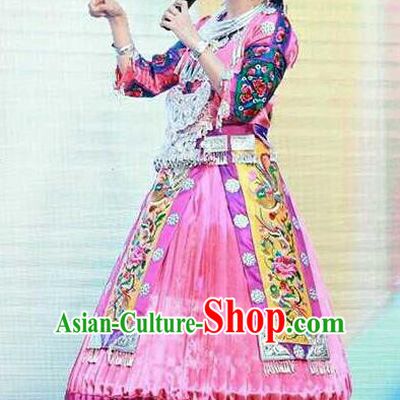 Chinese Traditional Miao Nationality Embroidered Pink Dress Ethnic Folk Dance Costume and Headwear for Women