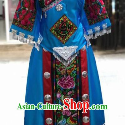Chinese Traditional Miao Nationality Bride Embroidered Blue Dress Ethnic Folk Dance Costume for Women