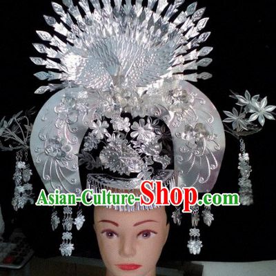 Chinese Traditional Handmade Miao Nationality Phoenix Coronet Silver Hairpins Ethnic Wedding Hair Accessories for Women