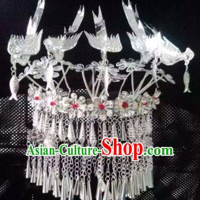 Chinese Traditional Handmade Miao Nationality Five Birds Hair Crown Silver Hairpins Ethnic Wedding Hair Accessories for Women