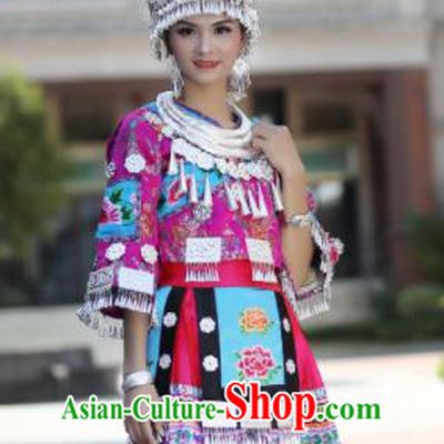 Chinese Traditional Miao Nationality Embroidered Purple Short Dress Ethnic Folk Dance Costume for Women
