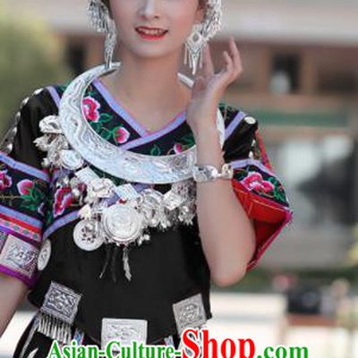 Chinese Traditional Miao Nationality Embroidered Black Short Dress and Headpiece Ethnic Folk Dance Costume for Women